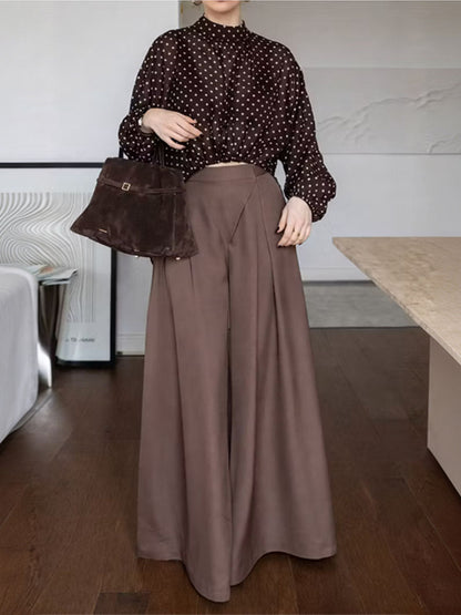 Solid Color Pockets Pleated Wide Leg High Waisted Trousers Pants