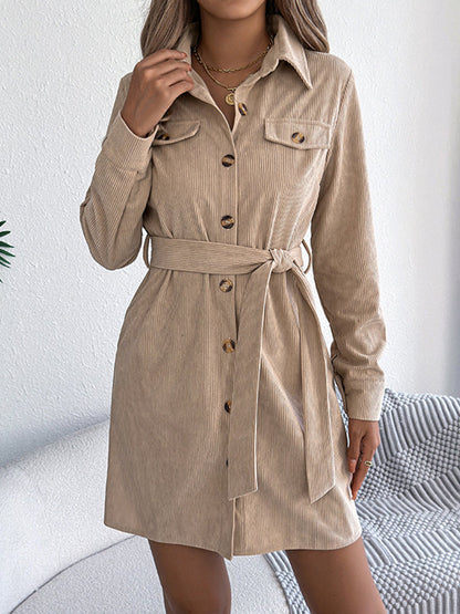 Elasticated Waist Long Sleeves Belted Buttoned Single-Breasted Solid Color Lapel Collar Mini Dresses Shirt Dress
