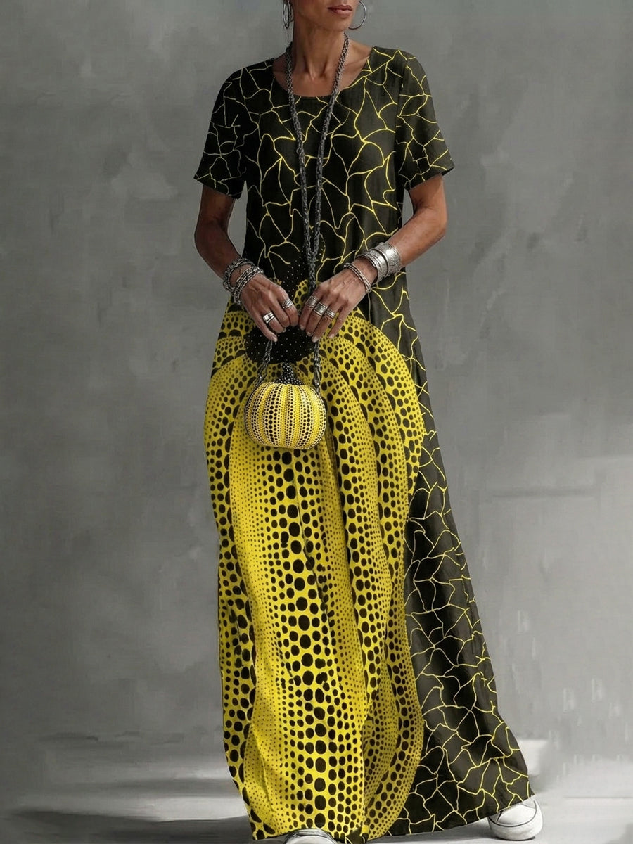Loose Short Sleeves Contrast Color Pockets Printed Maxi Dresses
