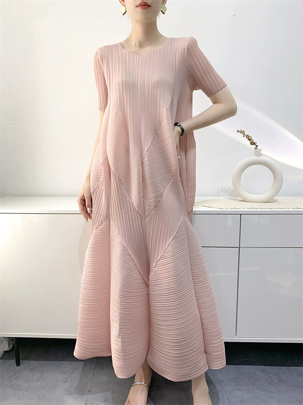 Loose Short Sleeves Pleated Solid Color Split-Joint V-Neck Midi Dresses PINK One_size
