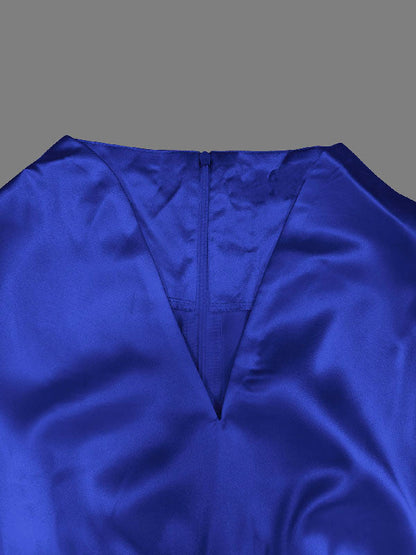 High Waisted Puff Sleeves Falbala Solid Color V-Neck Maxi Dresses