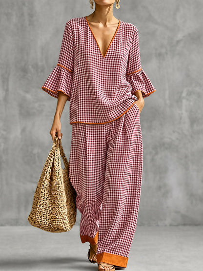 Pockets Plaid Contrast Color Wide Leg High Waisted Trousers Pants
