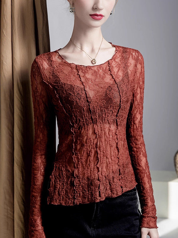 Irregularity Long Sleeves See-Through Split-Joint Textured Round-Neck T-Shirts Tops
