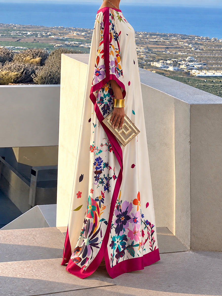 Split-side Flower Print Contrast Color Three-quarter Sleeves H-line Boat Neck Maxi Dresses