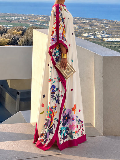Split-side Flower Print Contrast Color Three-quarter Sleeves H-line Boat Neck Maxi Dresses