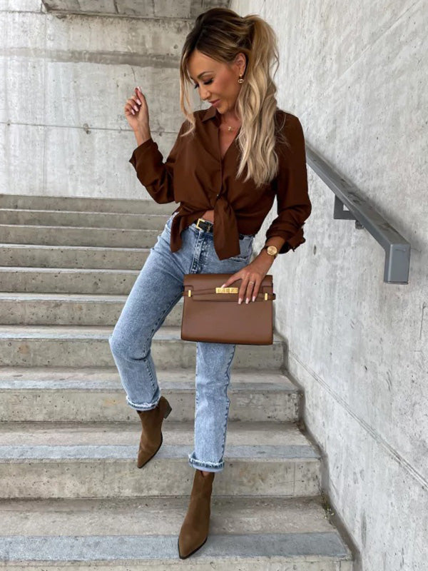 Chemisiers tendance à manches longues et col à revers de couleur unie 