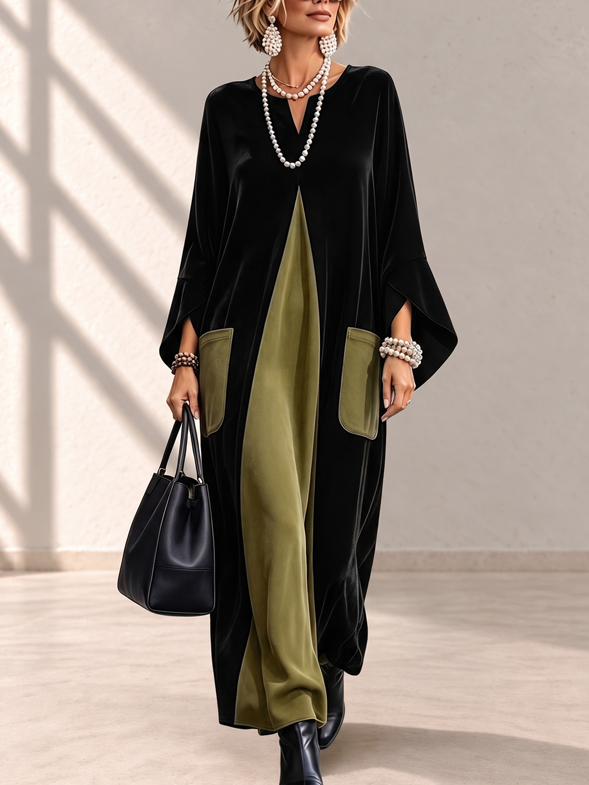 Split-Joint Pockets Contrast Color Loose Long Sleeves V-neck Maxi Dresses