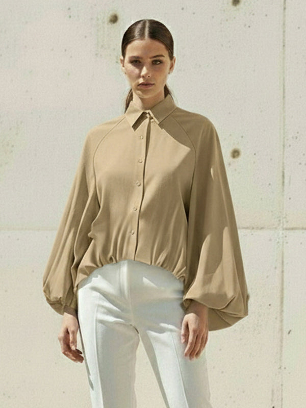 High-Low Puff Sleeves Buttoned Solid Color Split-Joint Lapel Blouses