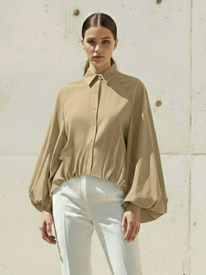 High-Low Puff Sleeves Buttoned Solid Color Split-Joint Lapel Blouses