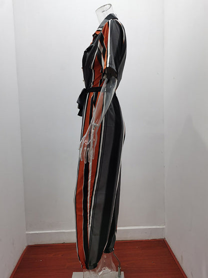 Loose Plus Size Split-Joint Striped Tied Waist Lapel Jumpsuits