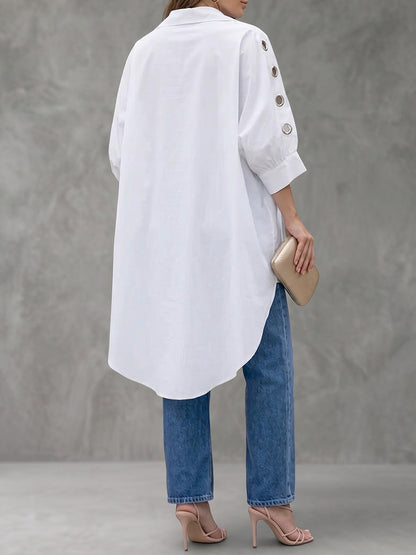 High-Low Loose Buttoned Hollow Pleated Solid Color Lapel Blouses&Shirts Tops