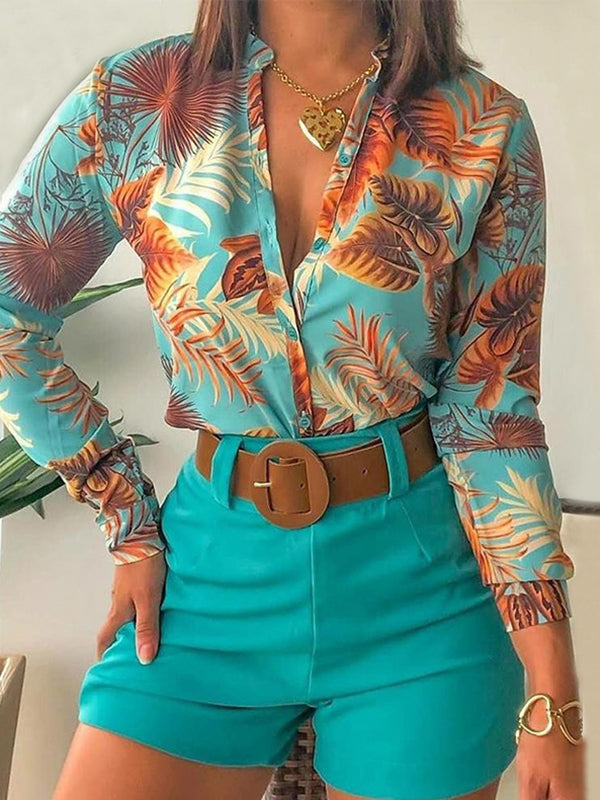 Long Sleeves Buttoned Flower Print Deep V-Neck Shirts Top +Belted Shorts Bottom Two Pieces Set GREEN