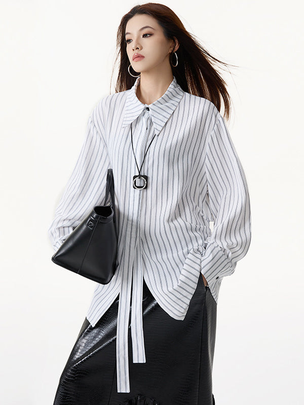 Long Sleeves Loose Striped Lapel Collar Blouses&Shirts Tops