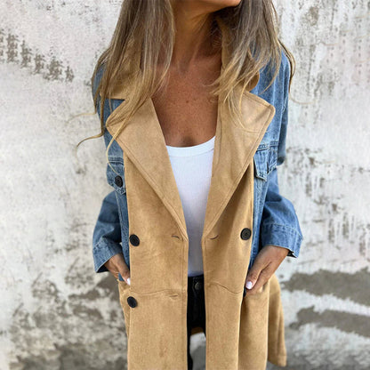 Lapel Denim Patchwork Design Jacket Khaki S