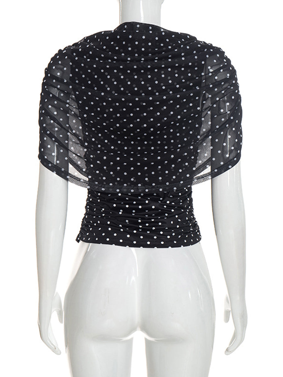 See-Through Ruched Polka-Dot Contrast Color Sleeveless Skinny Heaps Collar Blouses&shirts Tops