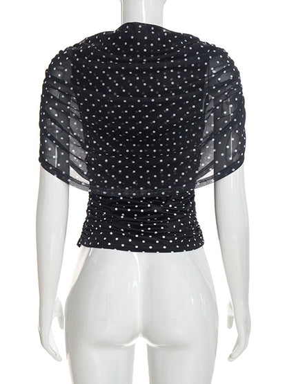 See-Through Ruched Polka-Dot Contrast Color Sleeveless Skinny Heaps Collar Blouses&shirts Tops