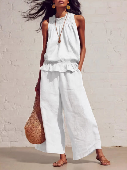 Loose Sleeveless Elasticity Pleated Pockets Solid Color Round-Neck Vest Top + Bottom Pants Two Pieces Set