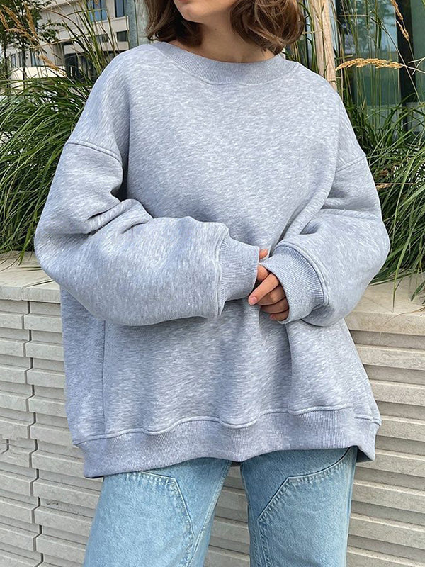 Long Sleeves Loose Solid Color Round-Neck Sweatshirt Tops GRAY