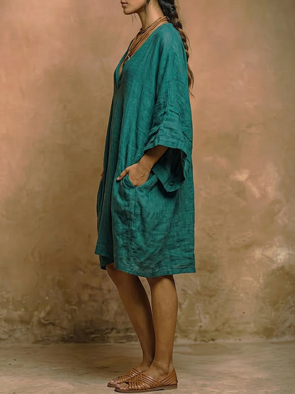 Batwing Sleeves Loose Pockets Solid Color Deep V-Neck Midi Dresses