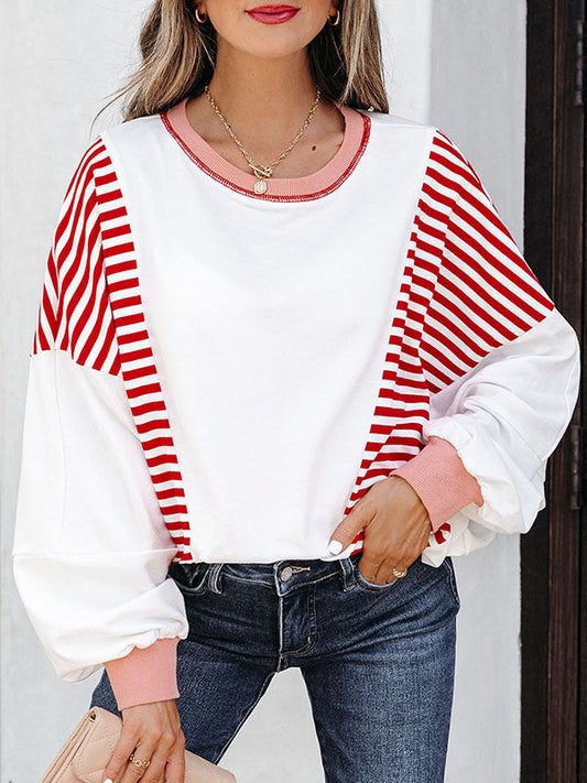 Long Sleeves Loose Contrast Color Striped Round-Neck Sweatshirt Tops