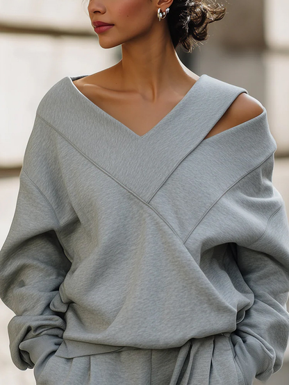 Split-Joint Solid Color Hollow Asymmetric Loose Long Sleeves Cold shoulder Sweatshirt Tops