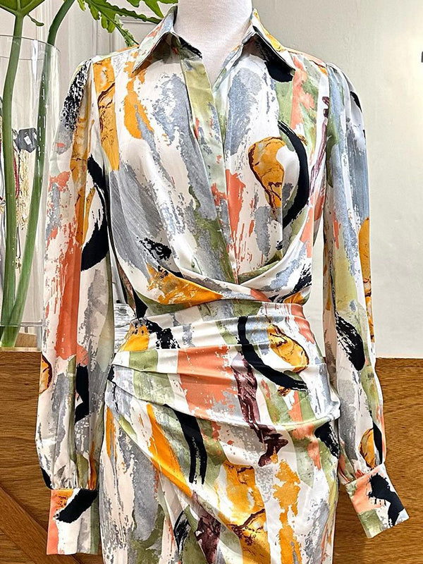 High Waisted Long Sleeves Asymmetric Pleated Printed Split-Joint Deep V-Neck Midi Dresses