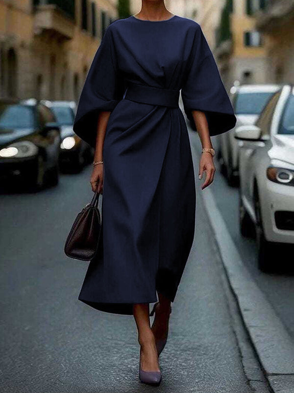 Loose Puff Sleeves Pleated Solid Color Split-Joint Round-Neck Midi Dresses NAVY BLUE