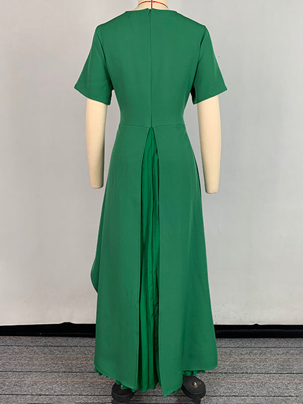 Robe longue trapèze taille haute plissée couleur unie à col rond et fente 