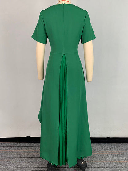 Robe longue trapèze taille haute plissée couleur unie à col rond et fente 