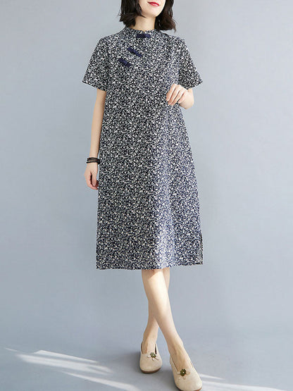 Artistic Retro Floral Printed Stand Collar Short Sleeves Cheongsam Midi Dress