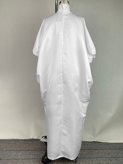 Half Sleeves Loose Elasticity Printed Split-Front Stand Collar Maxi Dresses