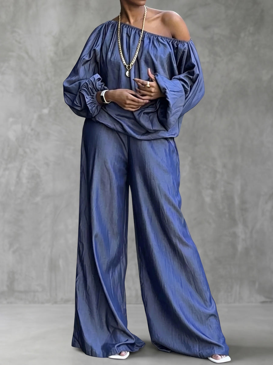 Solid Color One-Shoulder Long Sleeves Pleated Elasticity Blouses&Shirts Tops + High Waisted Pants Trousers Two Pieces Set