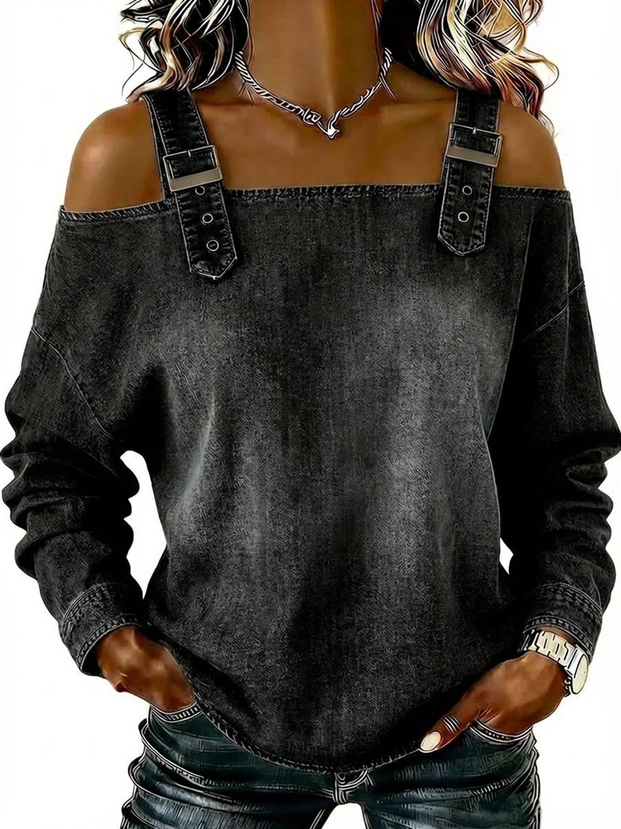 Long Sleeves Loose Buckle Split-Joint Cold Shoulder Blouses&Shirts Tops