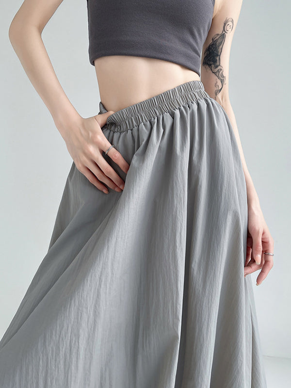 A-Line Loose Elasticity Pleated Pockets Solid Color Skirts Bottoms