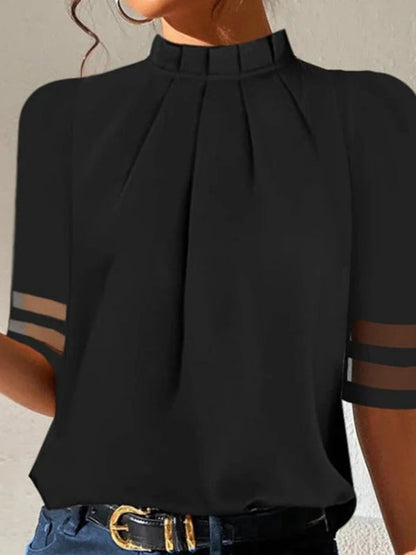 T-shirts amples à manches courtes, plissés, transparents, à col montant et à joint fendu 