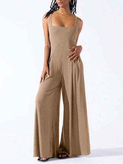 Loose Sleeveless Pleated Solid Color Spaghetti-Neck Jumpsuits