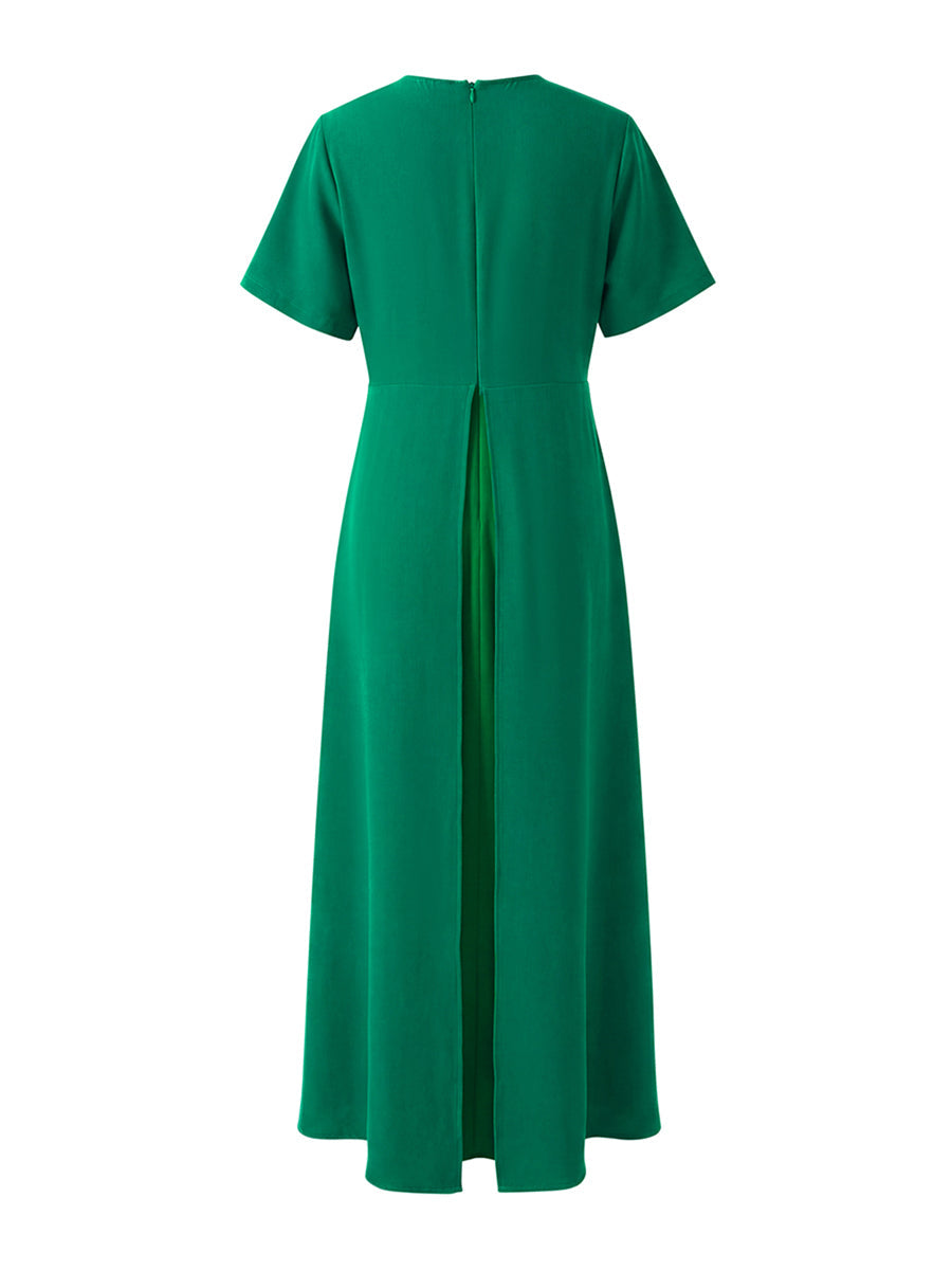 Split-Joint Solid Color Pleated Short Sleeves Loose Round-Neck Maxi Dresses