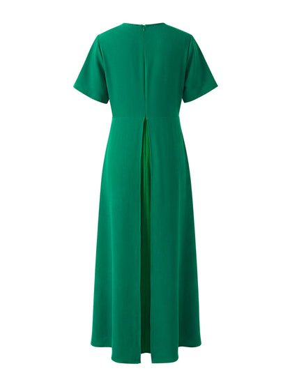 Split-Joint Solid Color Pleated Short Sleeves Loose Round-Neck Maxi Dresses