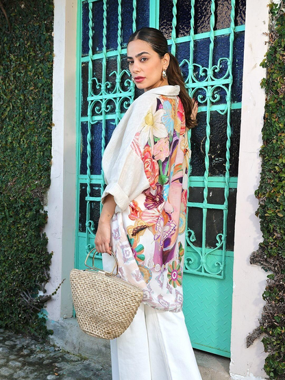 Split-Joint Flower Print Contrast Color Buttoned Butterfly Print Loose Long Sleeves Lapel Blouses&Shirts Tops