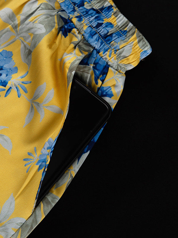 Loose Printed Split-Joint Deep V-Neck Lace-Up Blouse + Drawstring Elasticity Pants Trousers Two Pieces Set