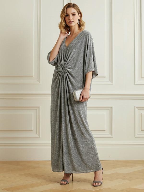 Half Sleeves Loose Pleated Rhinestone Shiny Deep V-Neck Maxi Dresses