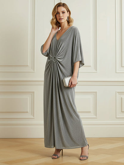 Half Sleeves Loose Pleated Rhinestone Shiny Deep V-Neck Maxi Dresses