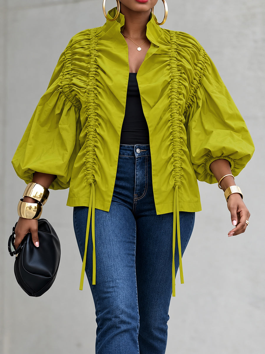 Split-Joint Solid Color Pleated Elasticity Drawstring Three-quarter Sleeves Puff Sleeves Stand Collar Outerwear
