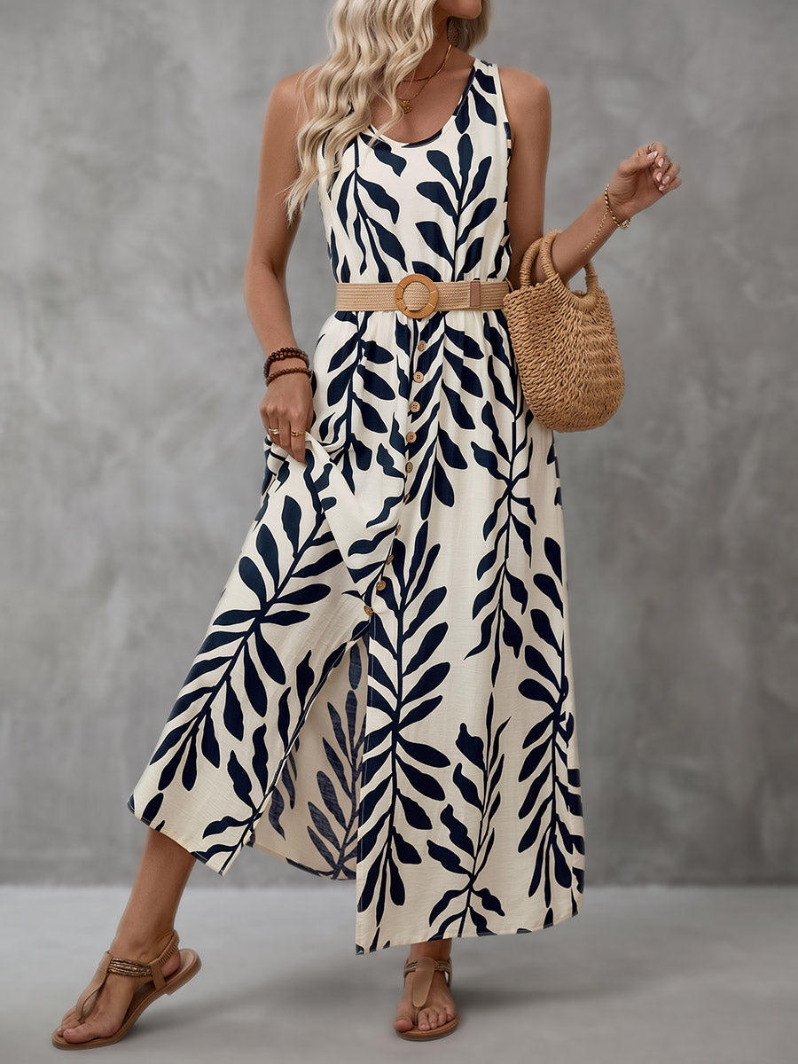High Waisted Sleeveless Belt Buckle Buttoned Contrast Color Leaves Print V-Neck Maxi Dresses