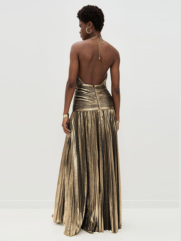 Elasticated Waist Sleeveless Pleated Shiny Solid Color Split-Side Halter-Neck Maxi Dresses