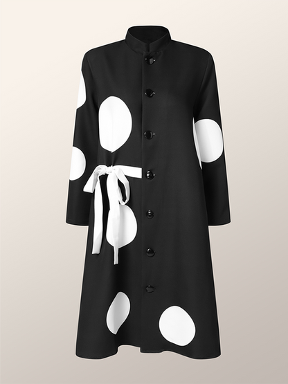 Long Sleeves Loose Asymmetric Buttoned Polka-Dot Tied Mock Neck Jackets&Coats Midi Dresses Outerwear