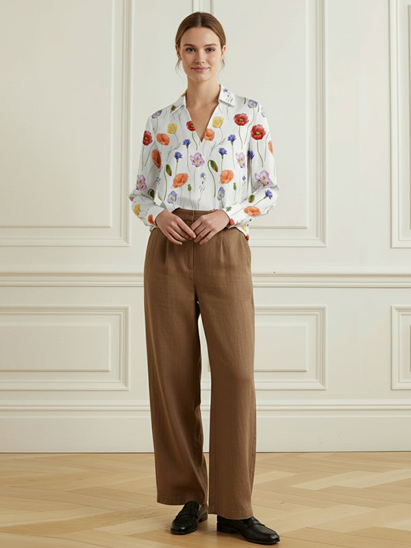 Long Sleeves Flower Print V-Neck Blouses&Shirts Tops