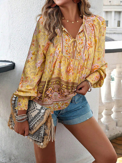 Long Sleeves Loose Contrast Color Drawstring Flower Print Pleated Split-Joint V-Neck Blouses&Shirts Tops