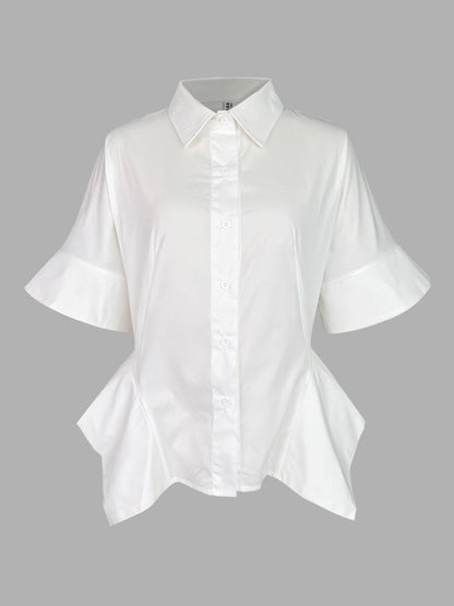 Half Sleeves Loose Buttoned Solid Color Lapel Blouses&Shirts Tops