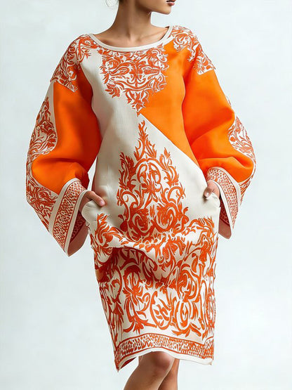 Long Sleeves Loose Contrast Color Flower Print Pockets Round-neck Mini Dresses